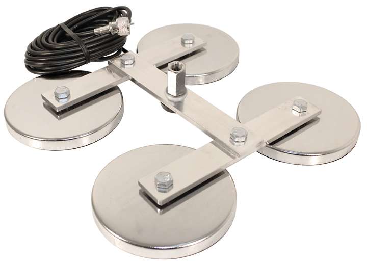 HEAVY DUTY 5" QUADRUPLE MAGNET MOUNT WITH STUD, 15' RG58  AND ATTACHED PL259 CONNECTOR