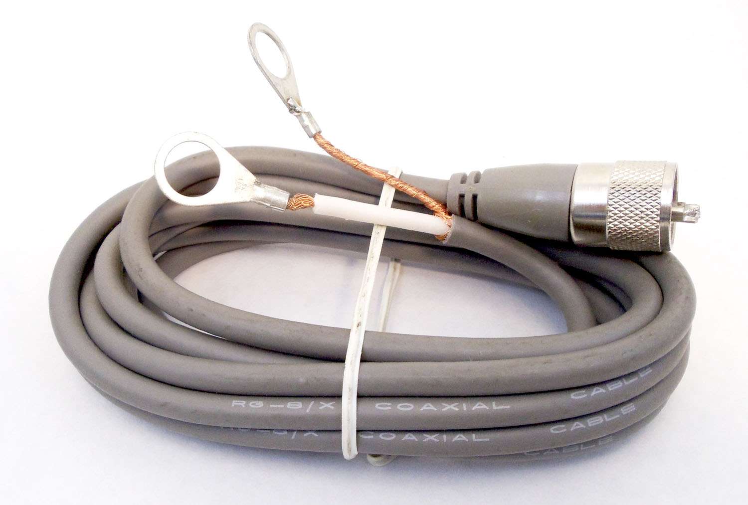 MARMAT - 106" RG8X GREY COAXIAL CABLE WITH 90% SHEILD, MOLDED PL259 CONNECTOR AND TWO RING TERMINALS