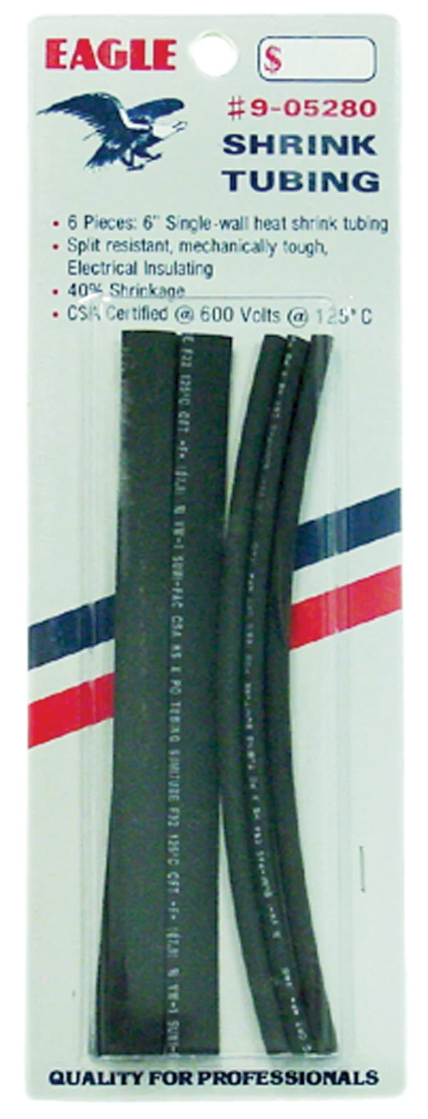 EAGLE - 6 PIECE - 6" BLACK HEAT SHRINK TUBING - 3 PIECES OF 3/16" AND 3 PIECES OF 5/16" - 40% SHRINKAGE