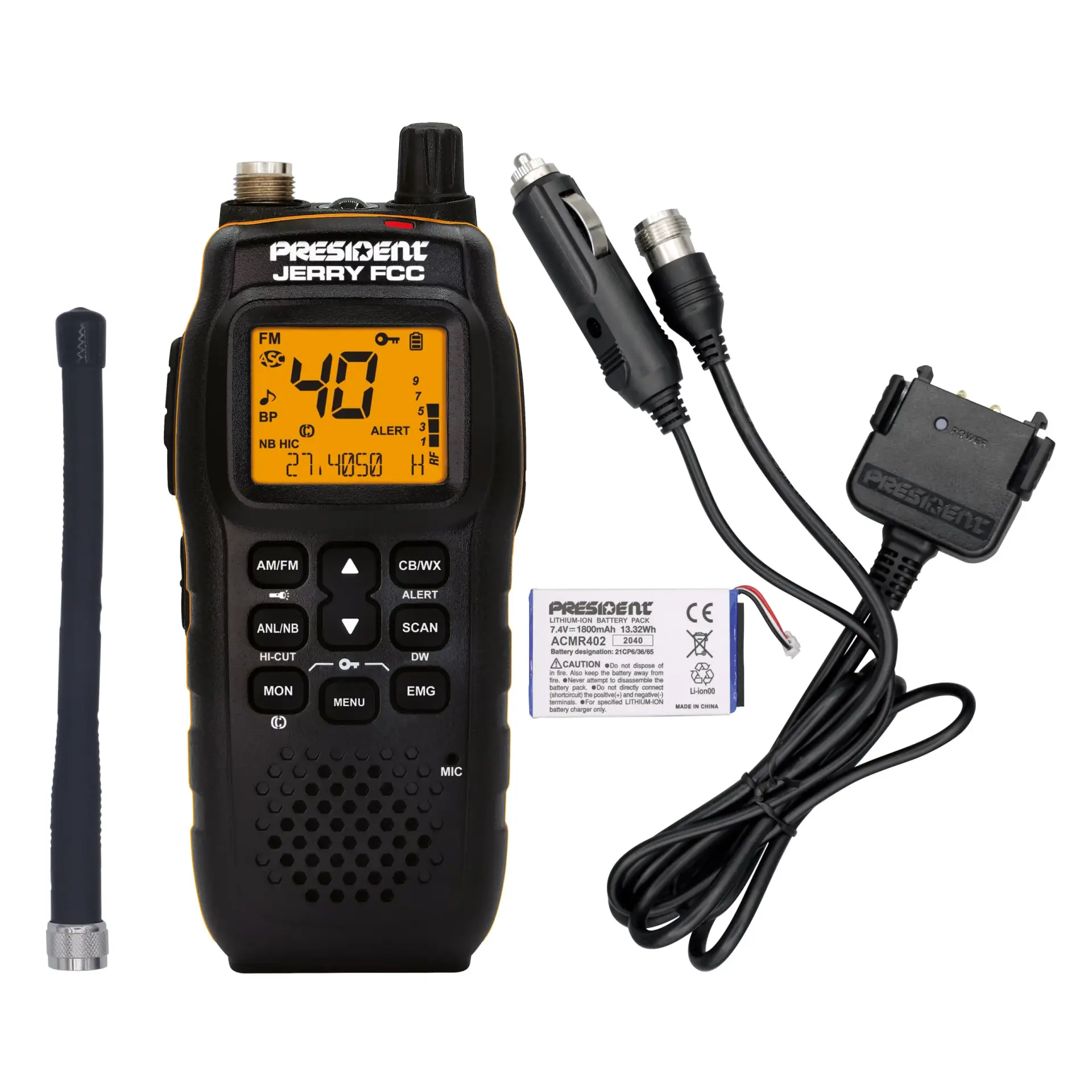PRESIDENT JERRY FCC AM/FM 40 Channel Handheld/Mobile CB with Vehicle Charging System