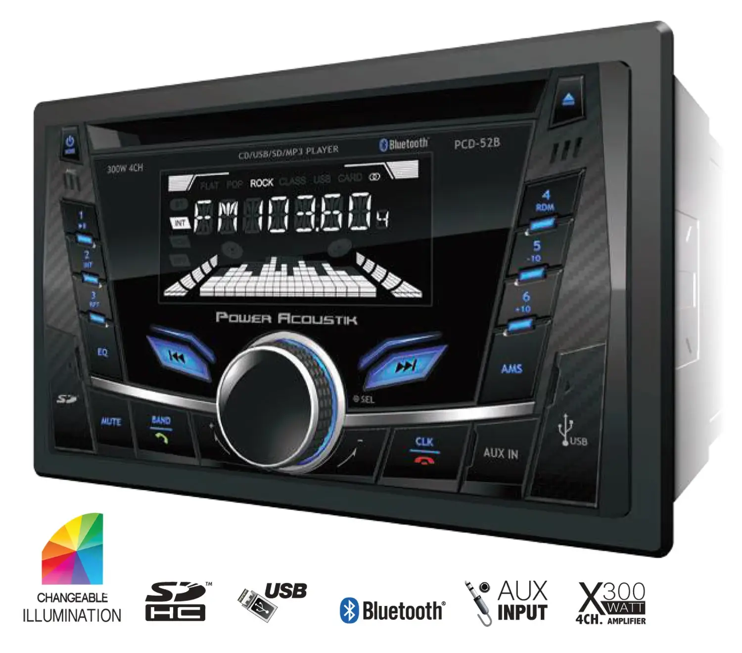POWER ACOUSTIK DOUBLE DIN AM/FM/CD WITH BLUETOOTH (PCD52B)